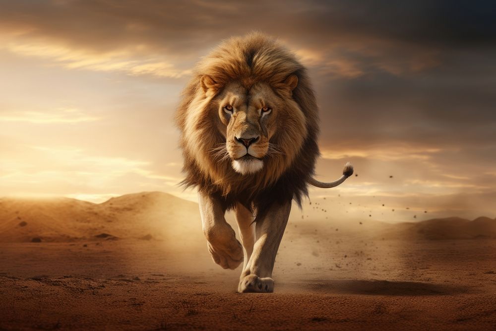 A calm lion walking wildlife outdoors mammal. AI generated Image by rawpixel.