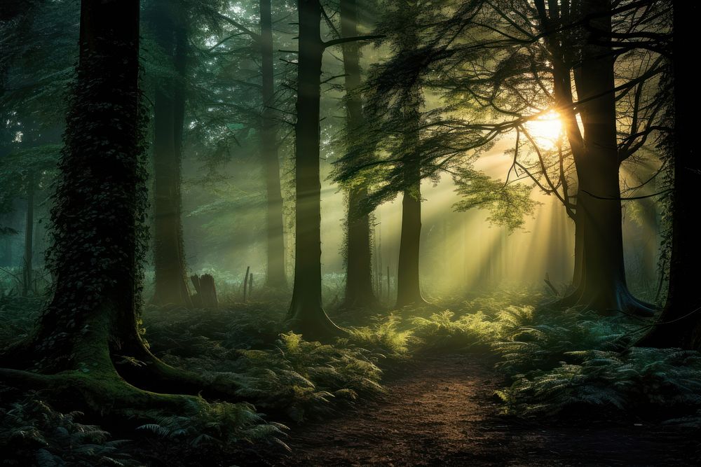 Green forest landscape sunlight woodland. 