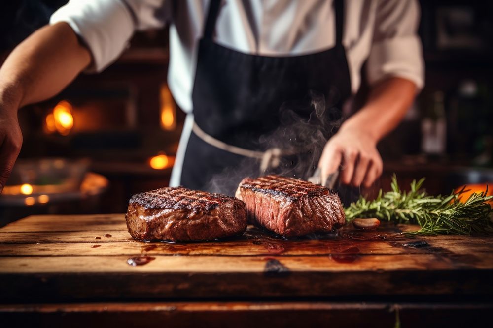 Cooking steak meat adult table. AI generated Image by rawpixel.