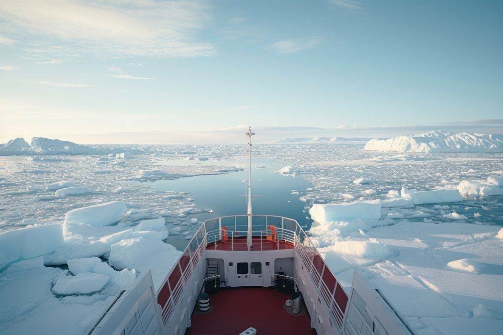 An icebreaker ship sailing polar ocean watercraft mountain outdoors. AI generated Image by rawpixel.