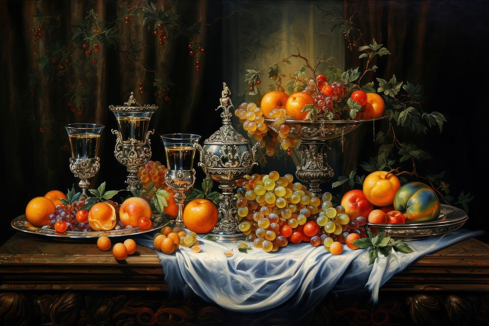 Renaissance oil painting fruit table glass. AI generated Image by rawpixel.