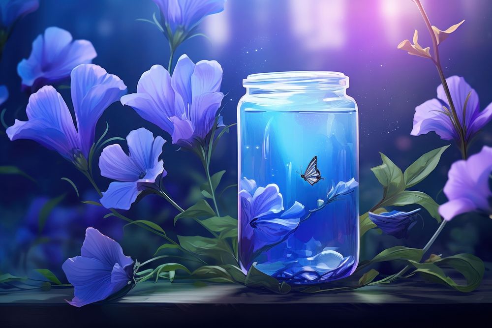 Butterfly pea flower nature jar transparent. AI generated Image by rawpixel.