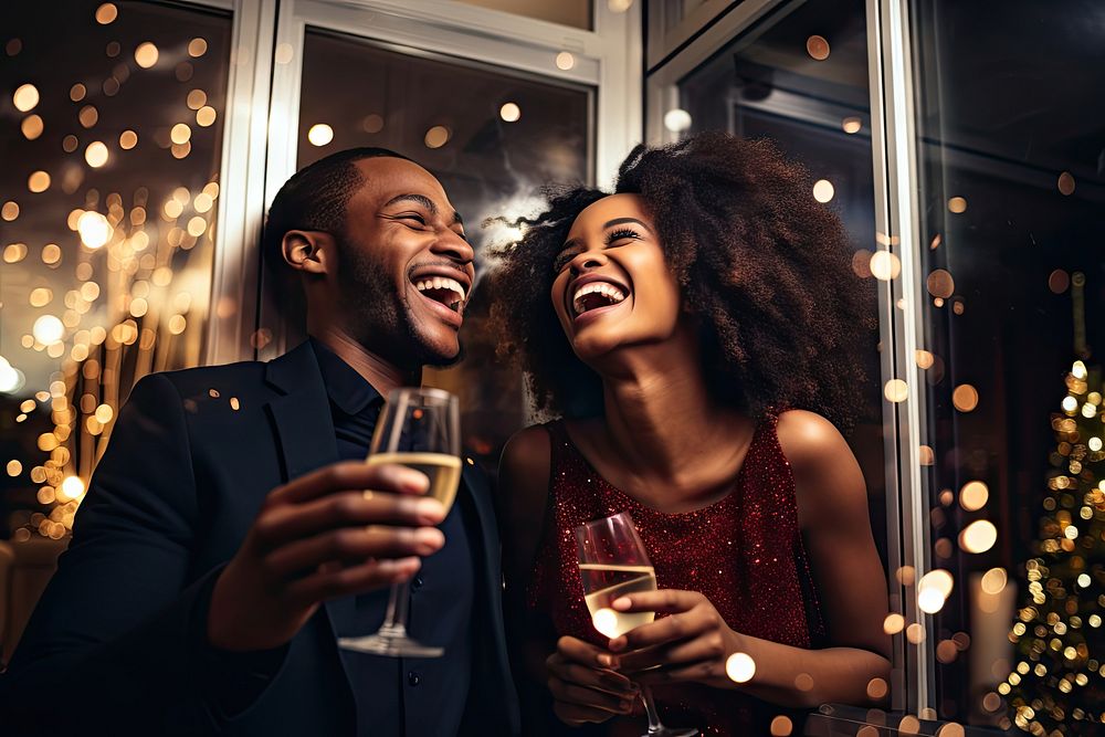 African American couple celebrating Christmas party christmas laughing. AI generated Image by rawpixel.