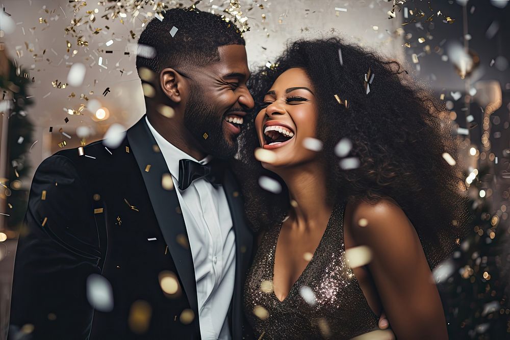 Couple celebrating Christmas christmas confetti laughing. AI generated Image by rawpixel.
