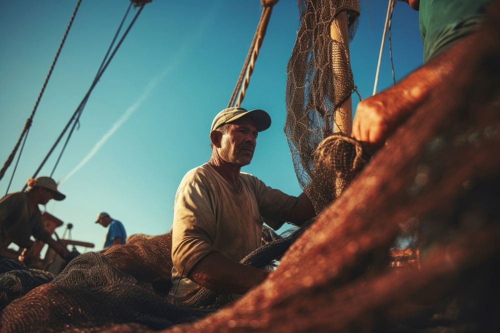 Men working on fishing net using an anchor on fishing ship photography outdoors adult. AI generated Image by rawpixel.