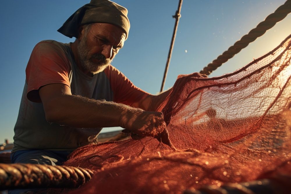 Men working on fishing net using an anchor on fishing ship photography industry outdoors. AI generated Image by rawpixel.
