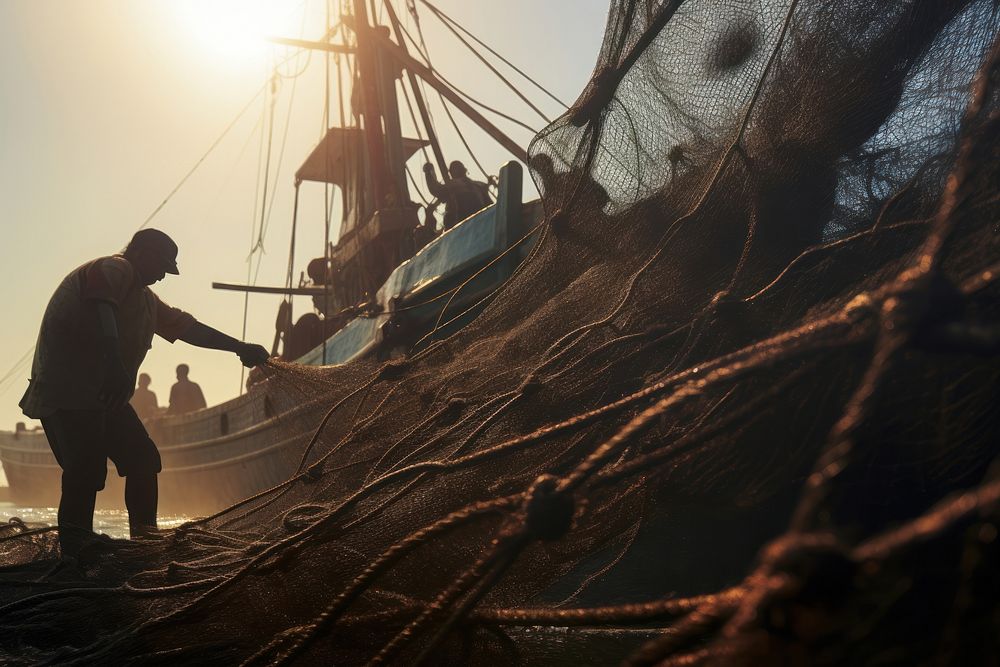 Men working on fishing net using an anchor on fishing ship outdoors vehicle adult. AI generated Image by rawpixel.
