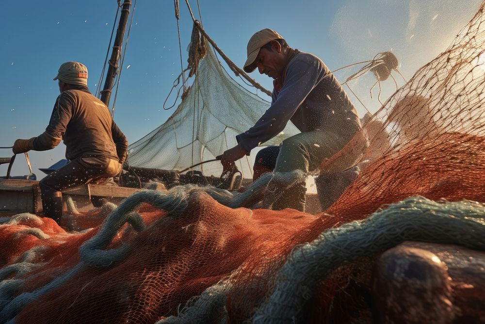 Men working on fishing net using an anchor on fishing ship industry outdoors adult. AI generated Image by rawpixel.