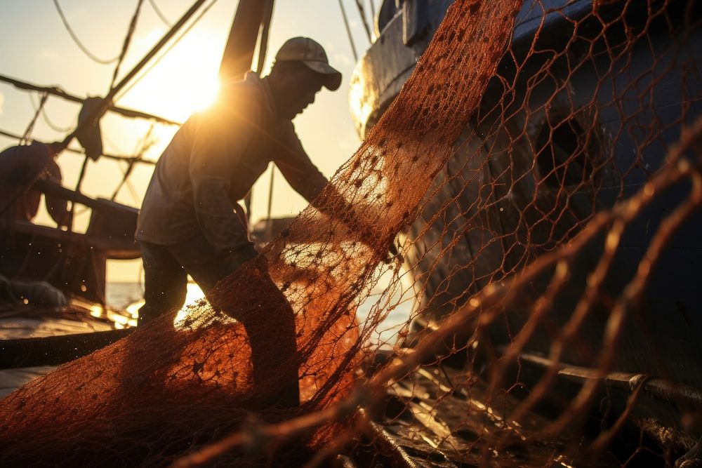 Men working on fishing net using an anchor on fishing ship adult sea day. AI generated Image by rawpixel.