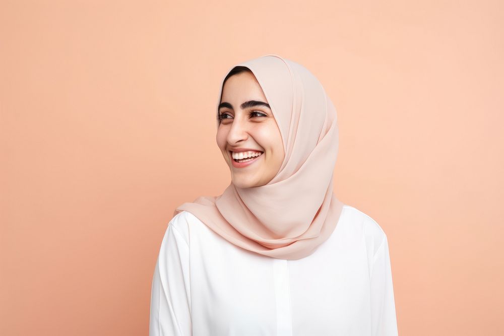 Middle east woman cheerful scarf smile. AI generated Image by rawpixel.