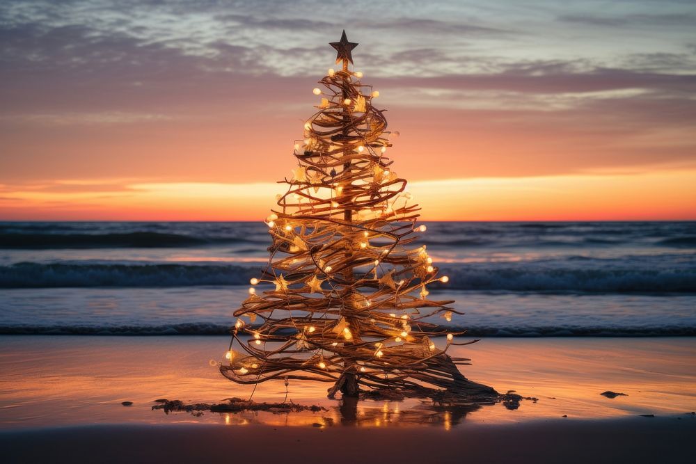 Christmas sunset beach tree. AI generated Image by rawpixel.