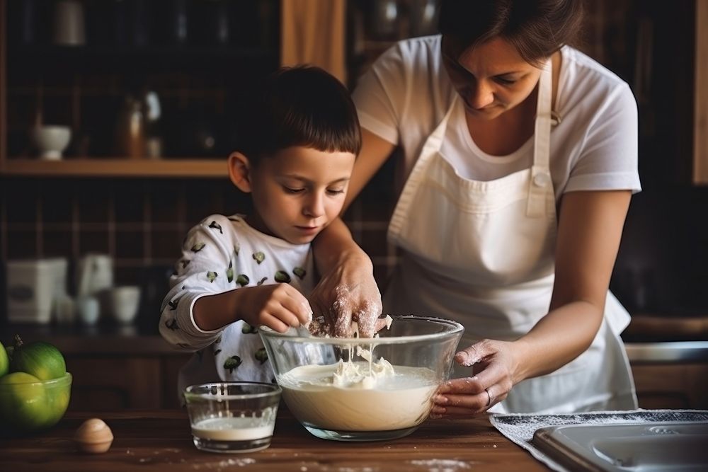 Preparing Cake cooking kitchen child. AI generated Image by rawpixel.