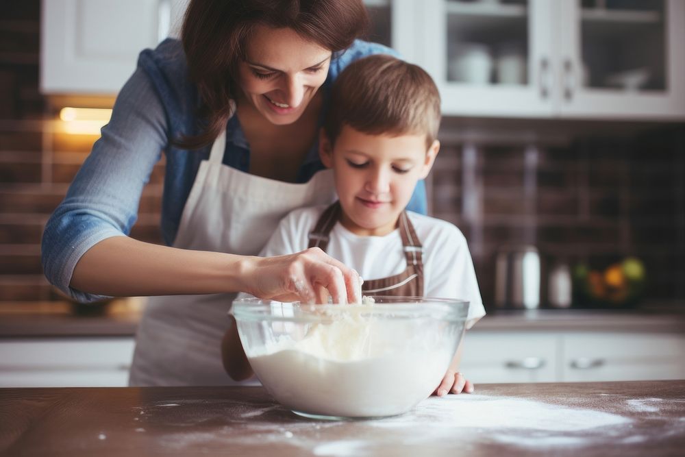 Preparing Cake cooking kitchen child. AI generated Image by rawpixel.