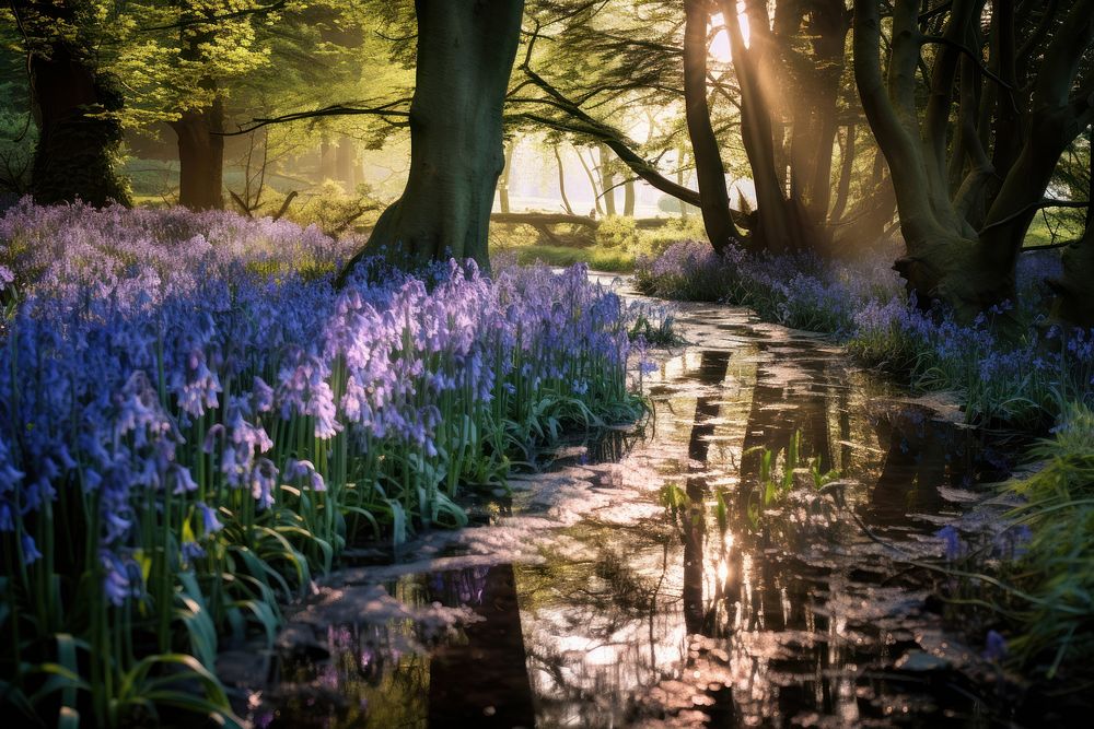 Bluebell garden landscape outdoors woodland. AI generated Image by rawpixel.