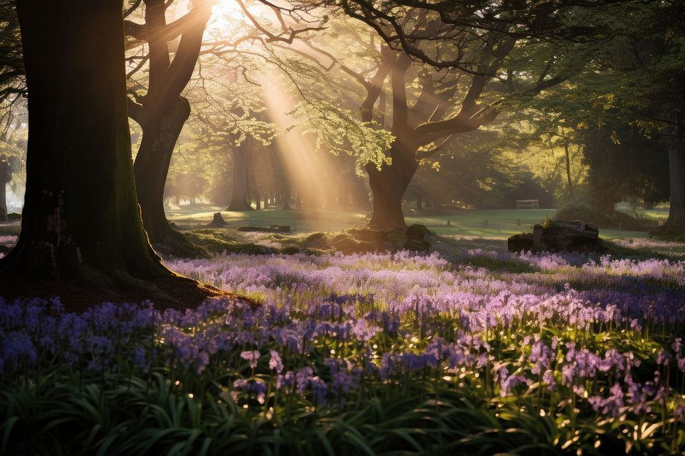 Bluebell garden landscape sunlight outdoors. AI generated Image by rawpixel.