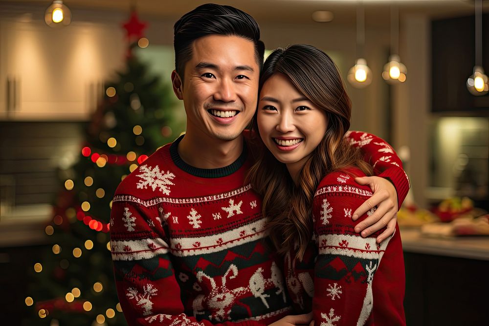 Happy Asian couple sweater photography christmas. AI generated Image by rawpixel.