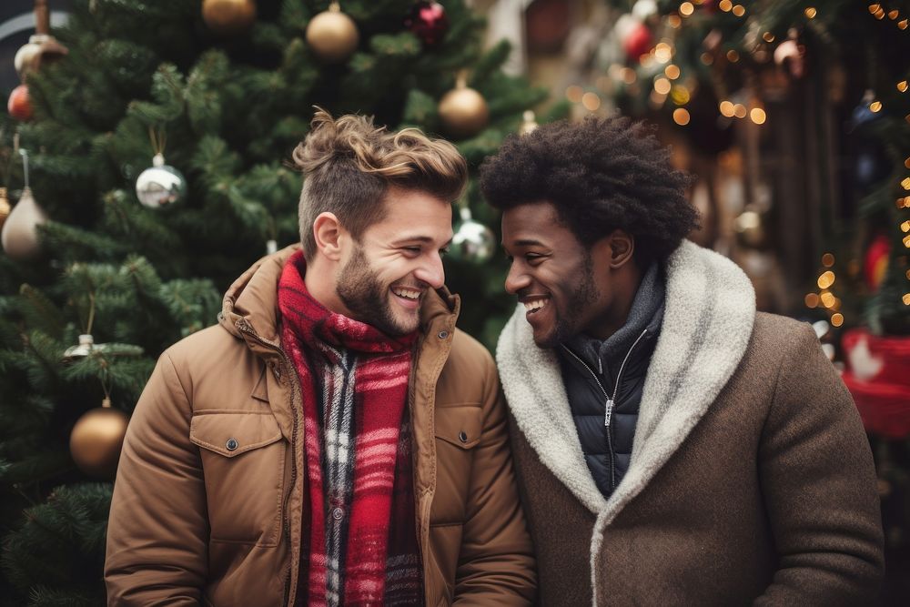 Interracial gay couple christmas adult plant. AI generated Image by rawpixel.