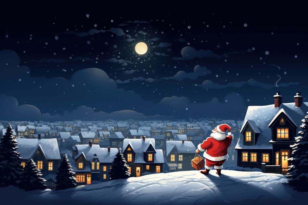 Santa carry big red gift sack christmas night outdoors. AI generated Image by rawpixel.