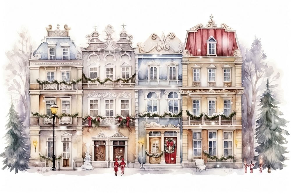Christmas townhouse drawing city architecture. 