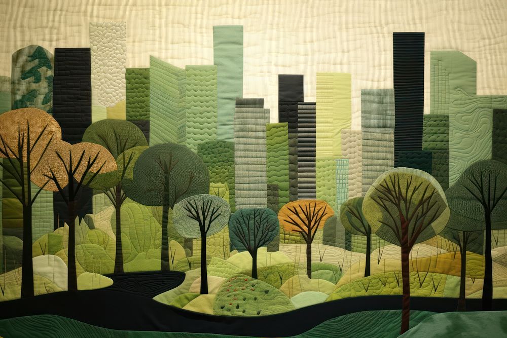Landscape painting tree city. AI generated Image by rawpixel.