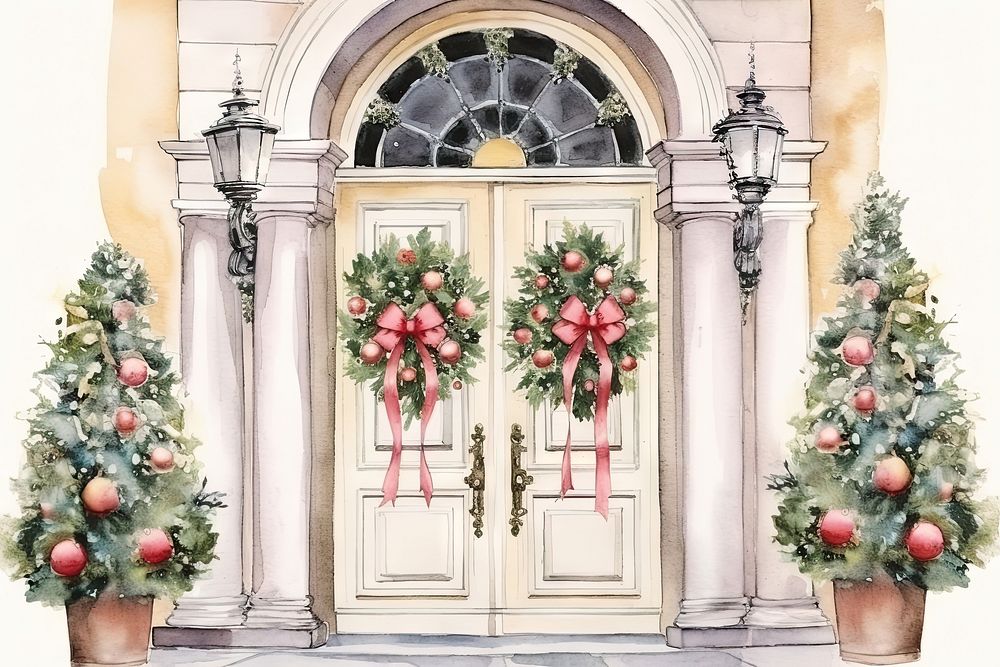 Christmas decorations plant door watercolor paint. AI generated Image by rawpixel.