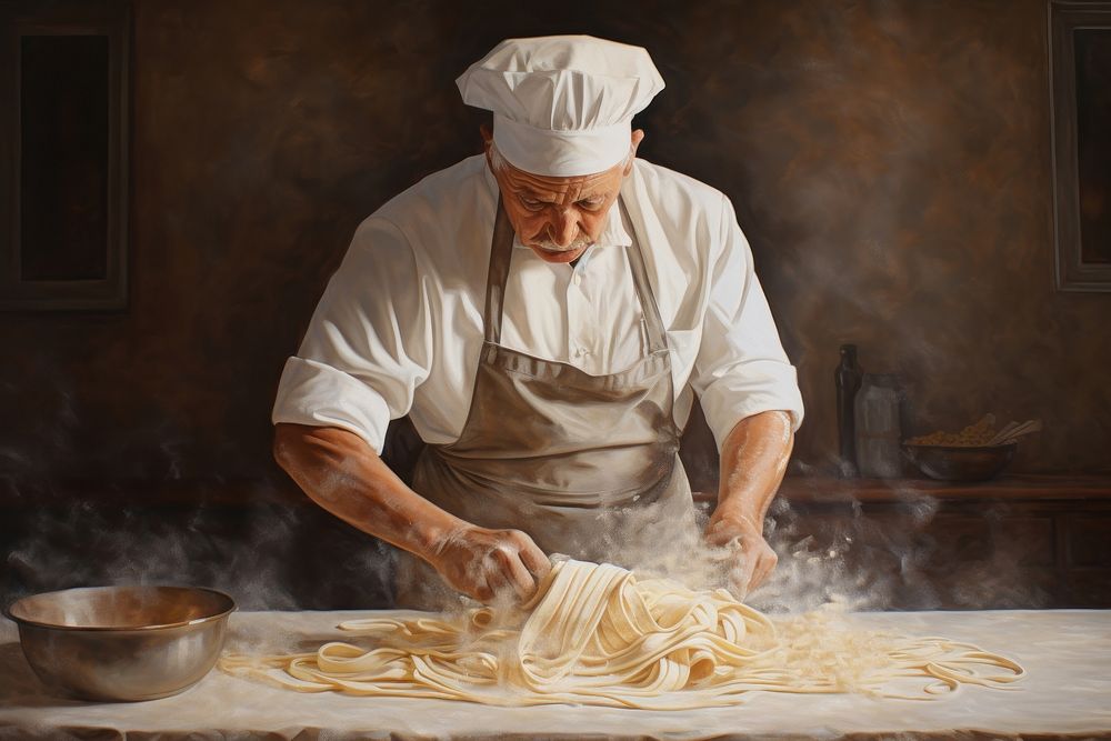 Chef making pasta cooking adult concentration. AI generated Image by rawpixel.