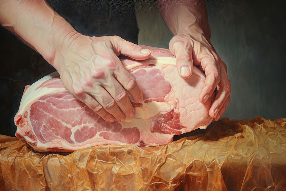Hand slice ham meat beef pork. AI generated Image by rawpixel.