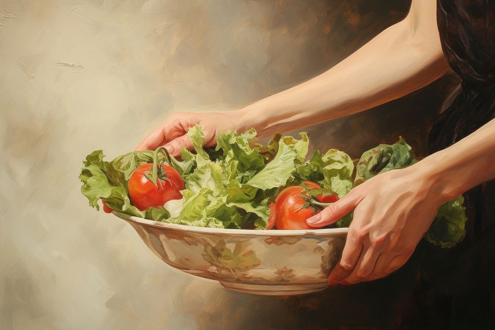 Hand making salad painting vegetable freshness. 