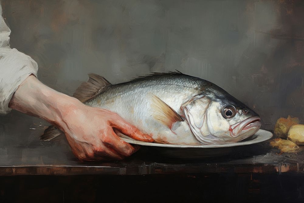 Hand cook fish painting animal adult. AI generated Image by rawpixel.