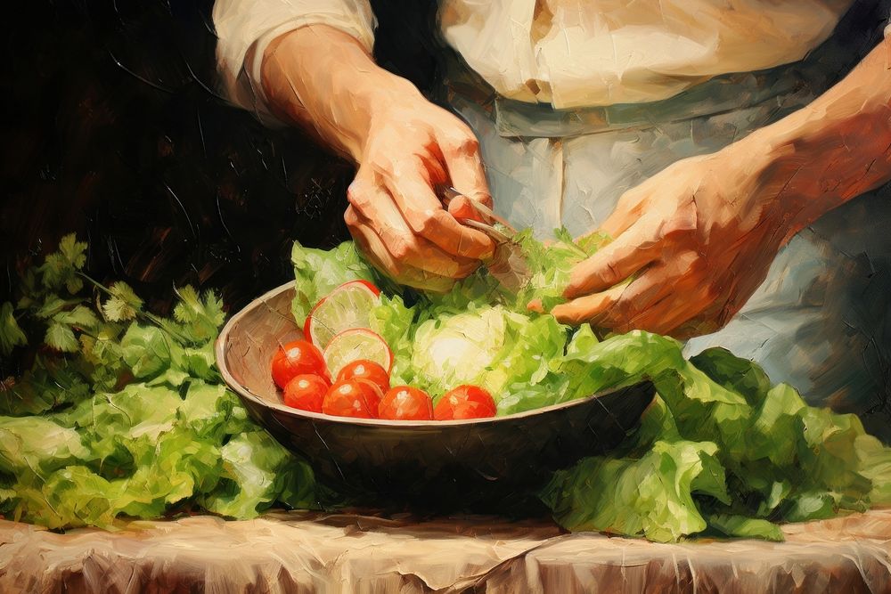 Hand making salad painting cooking agriculture. AI generated Image by rawpixel.