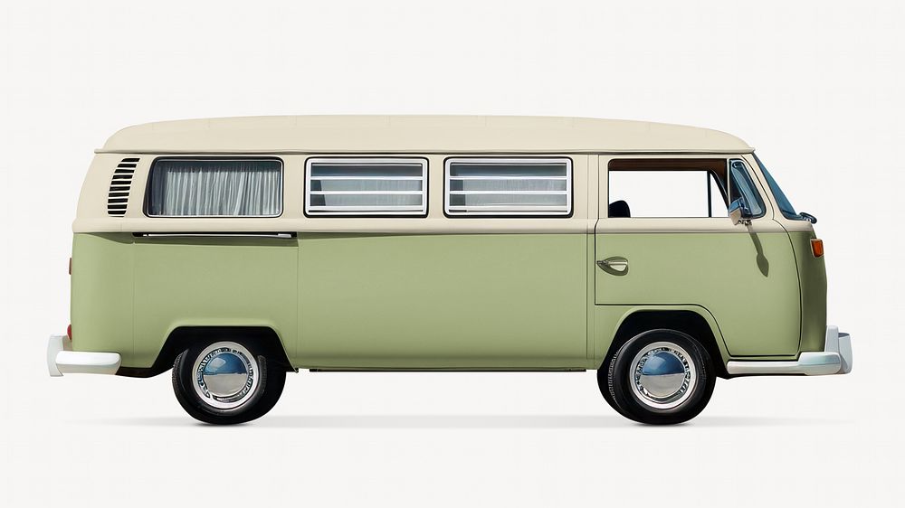 Green camping minibus, isolated on white