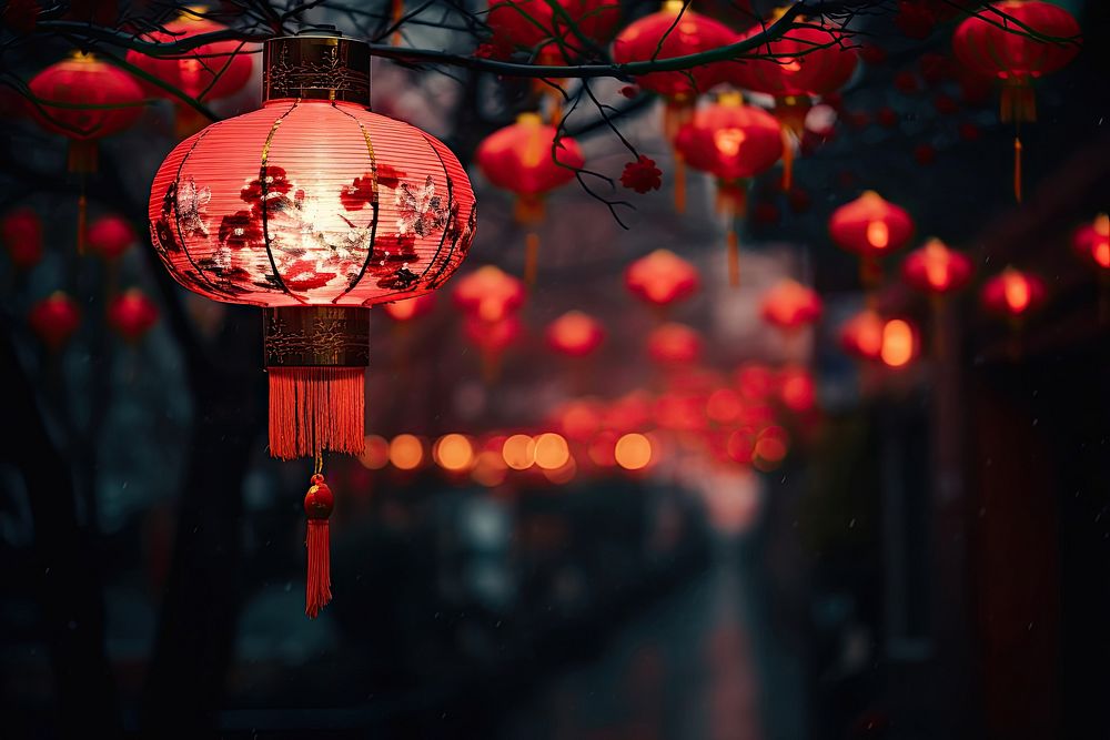 Red lantern festival night chinese new year. AI generated Image by rawpixel.