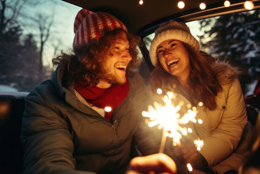 Christmas sparkler laughing portrait. AI generated Image by rawpixel.
