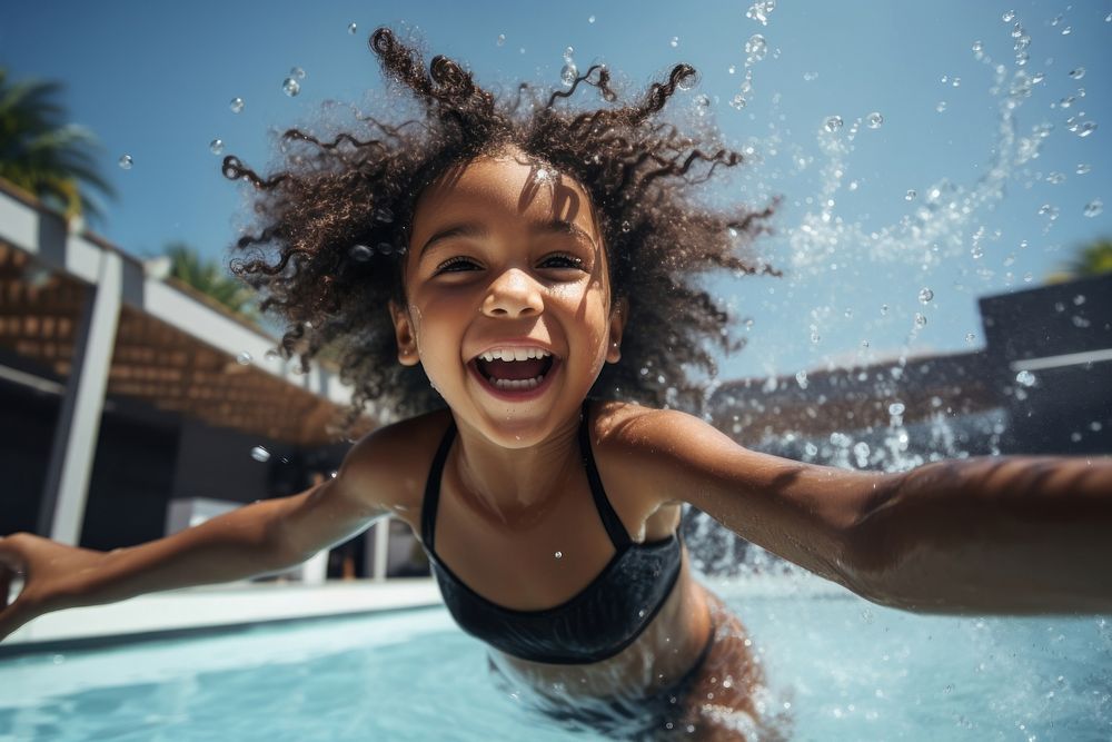 Ilttle girl having fun relaxing outdoor pool laughing outdoors summer. AI generated Image by rawpixel.