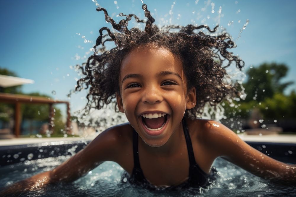 Ilttle girl having fun relaxing outdoor pool swimming laughing portrait. AI generated Image by rawpixel.