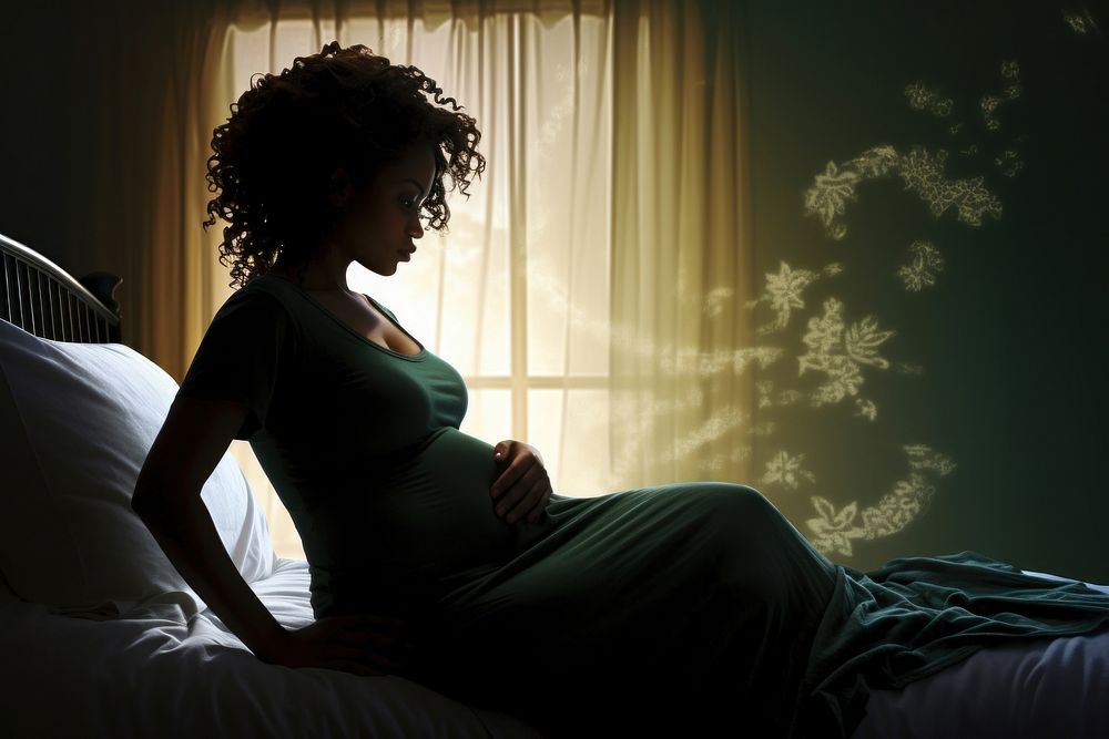 Pregnant woman sits adult bed contemplation. AI generated Image by rawpixel.