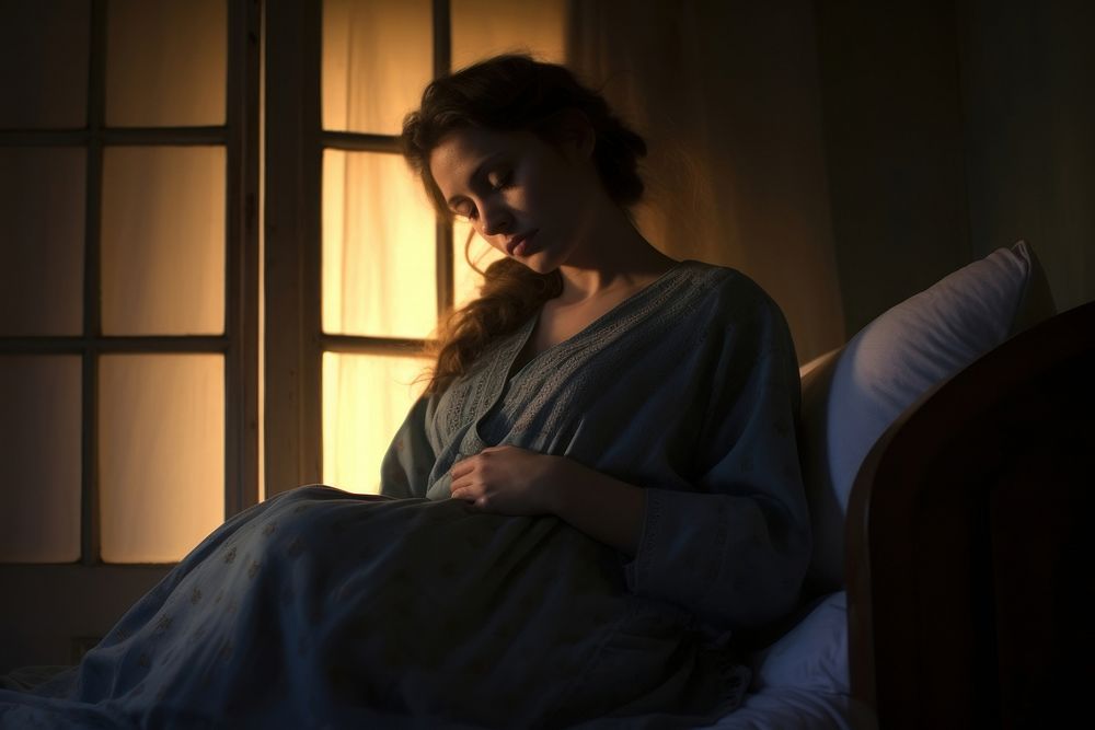 Pregnant woman sits blanket adult bed. AI generated Image by rawpixel.