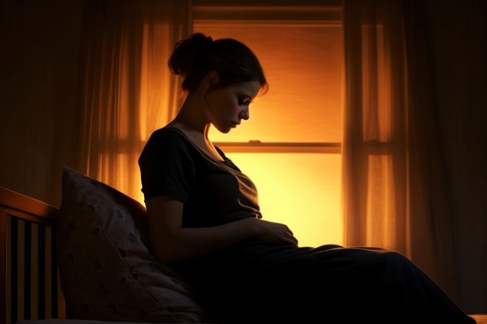 Pregnant woman sits adult bed contemplation. AI generated Image by rawpixel.