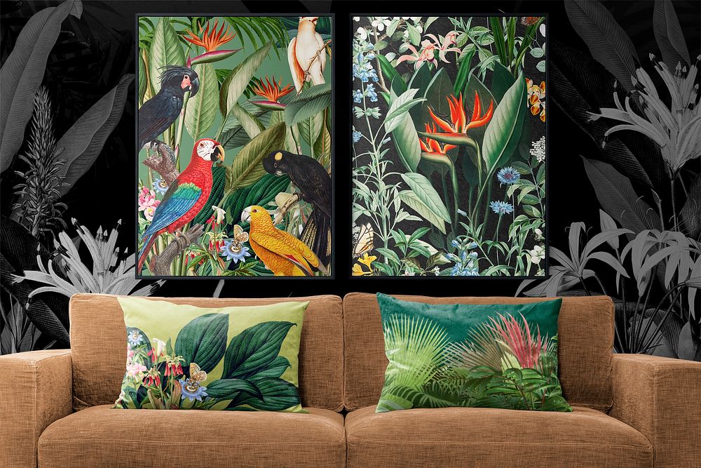 Living room mockup, jungle themed interior psd