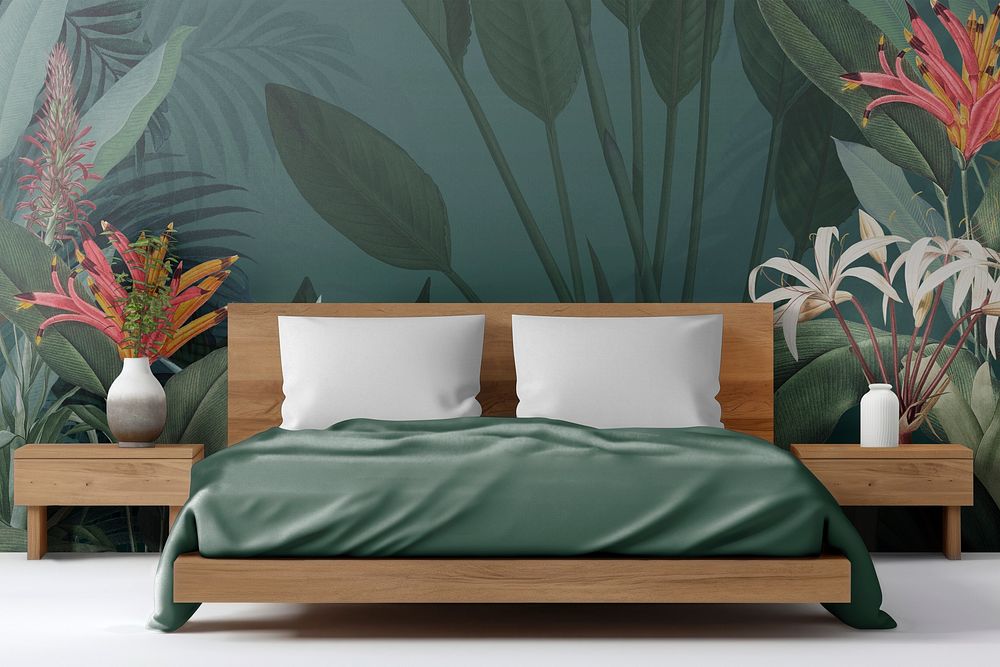 Bedroom mockup, jungle themed interior psd