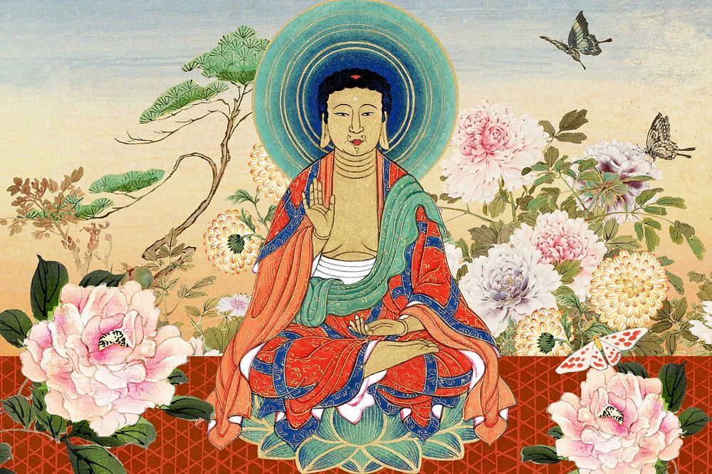 Sitting Buddha background, Japanese vintage illustration. Remixed by rawpixel.