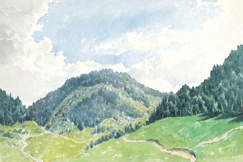 Mountain landscape border background, vintage nature illustration by Friedrich Carl von Scheidlin. Remixed by rawpixel.