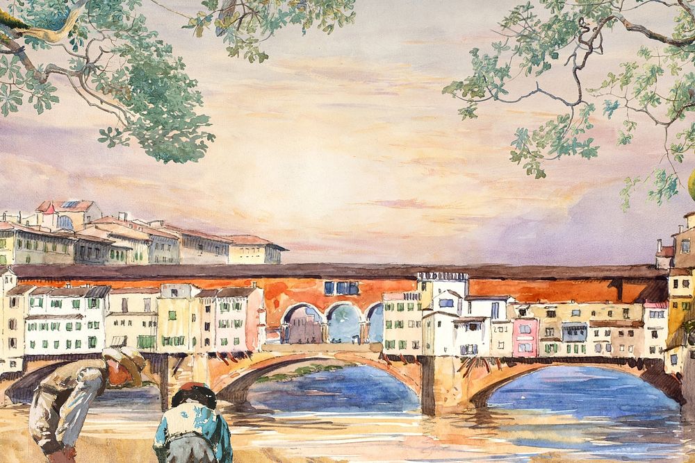 Ponte Vecchio, Florence background, vintage illustration. Remixed by rawpixel.