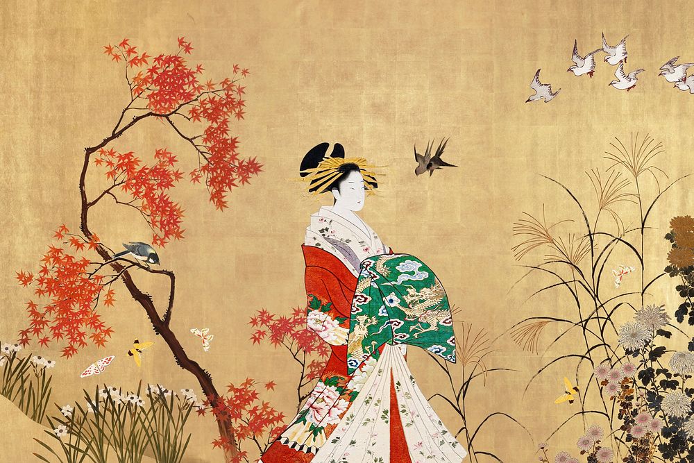 Japanese Geisha woman background, vintage illustration. Remixed by rawpixel.