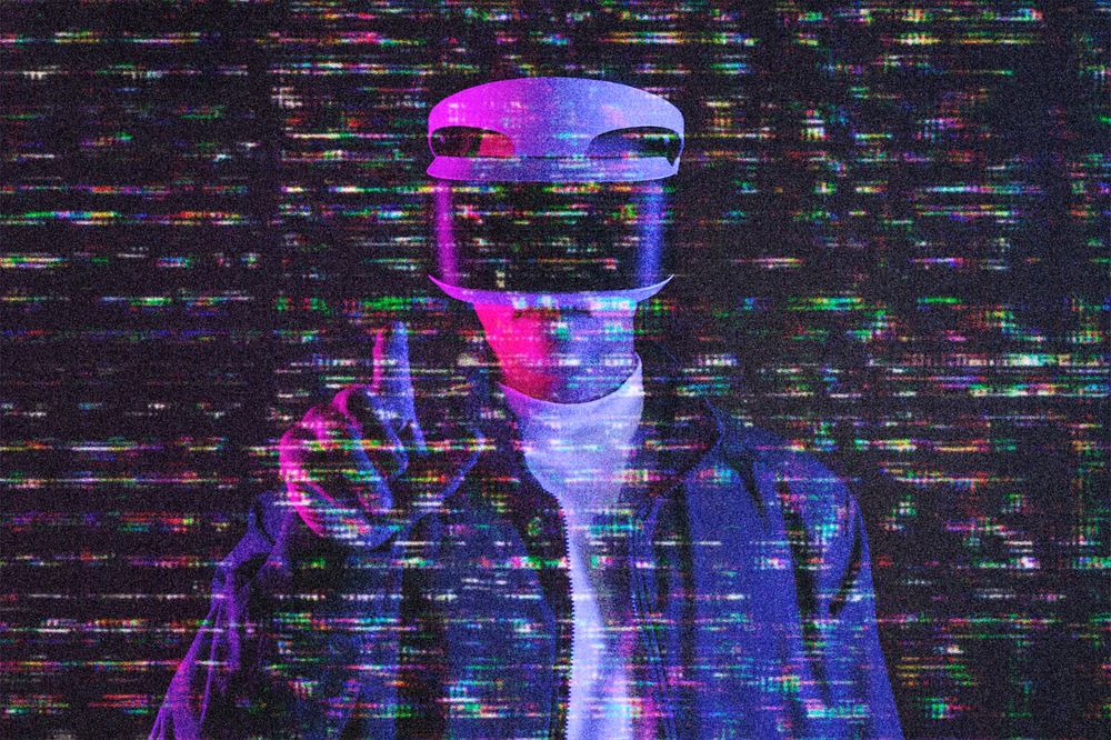 Man wearing VR photo with glitch effect