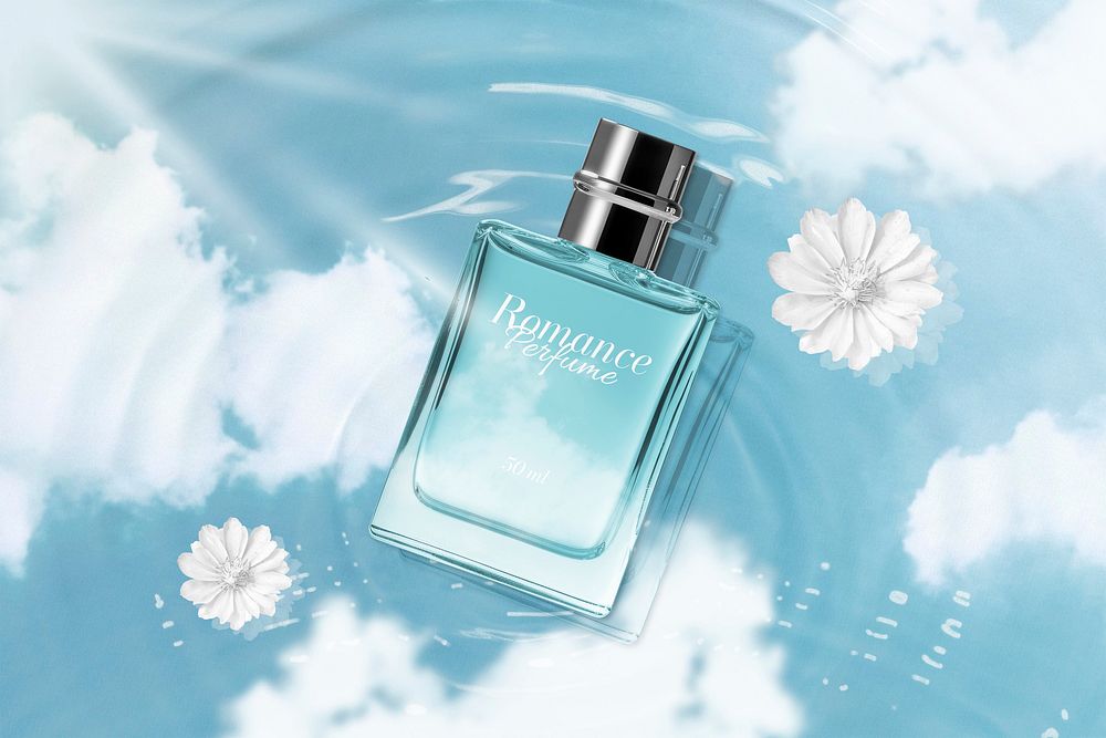Perfume bottle mockup, cosmetic business branding psd