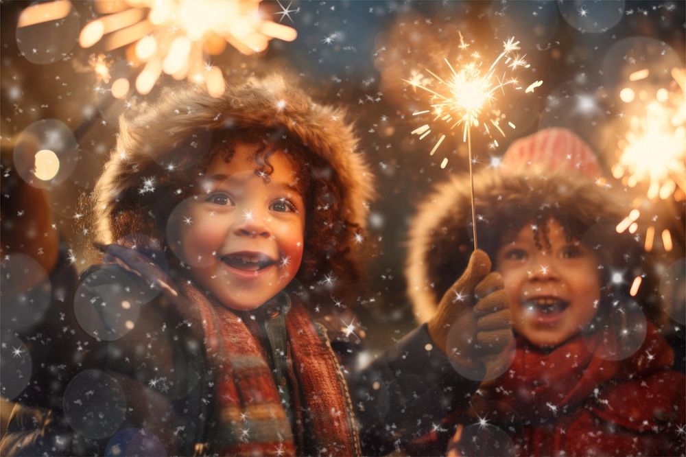 Kids celebrating New Year photo with snow effect