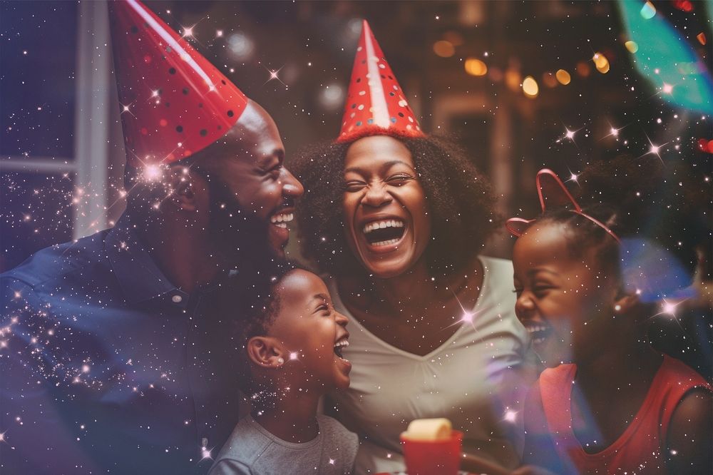 Family celebrating birthday photo with light effect
