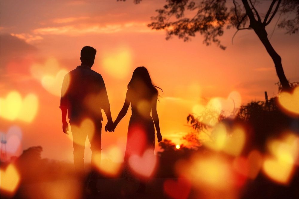 Couple holding hands photo with heart bokeh effect
