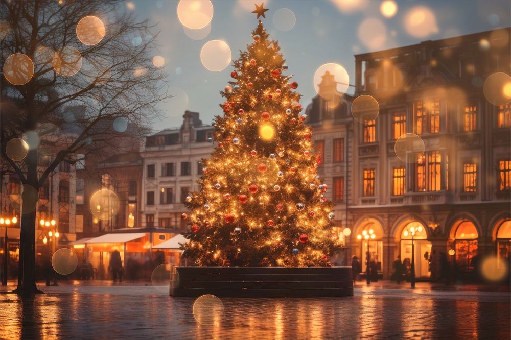 Christmas tree photo with bokeh light effect